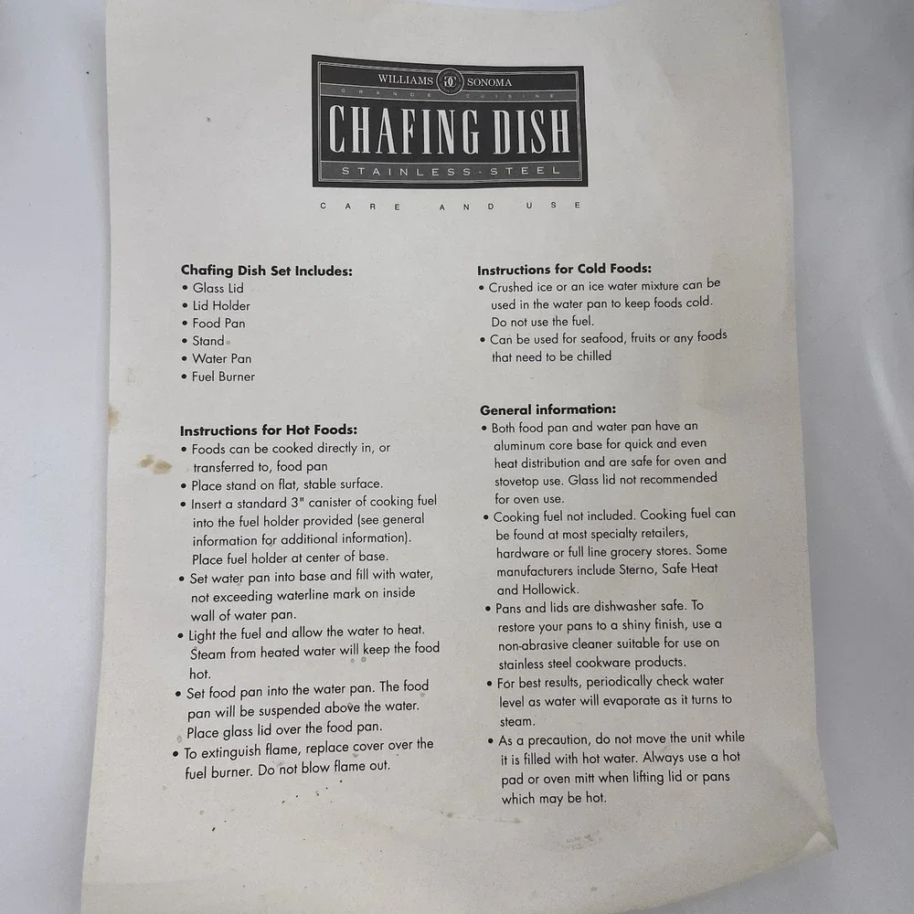 Rare Williams Sonoma Chafing Dish Grande Cuisine 4-6 Qt 18/10 Stainless Steel